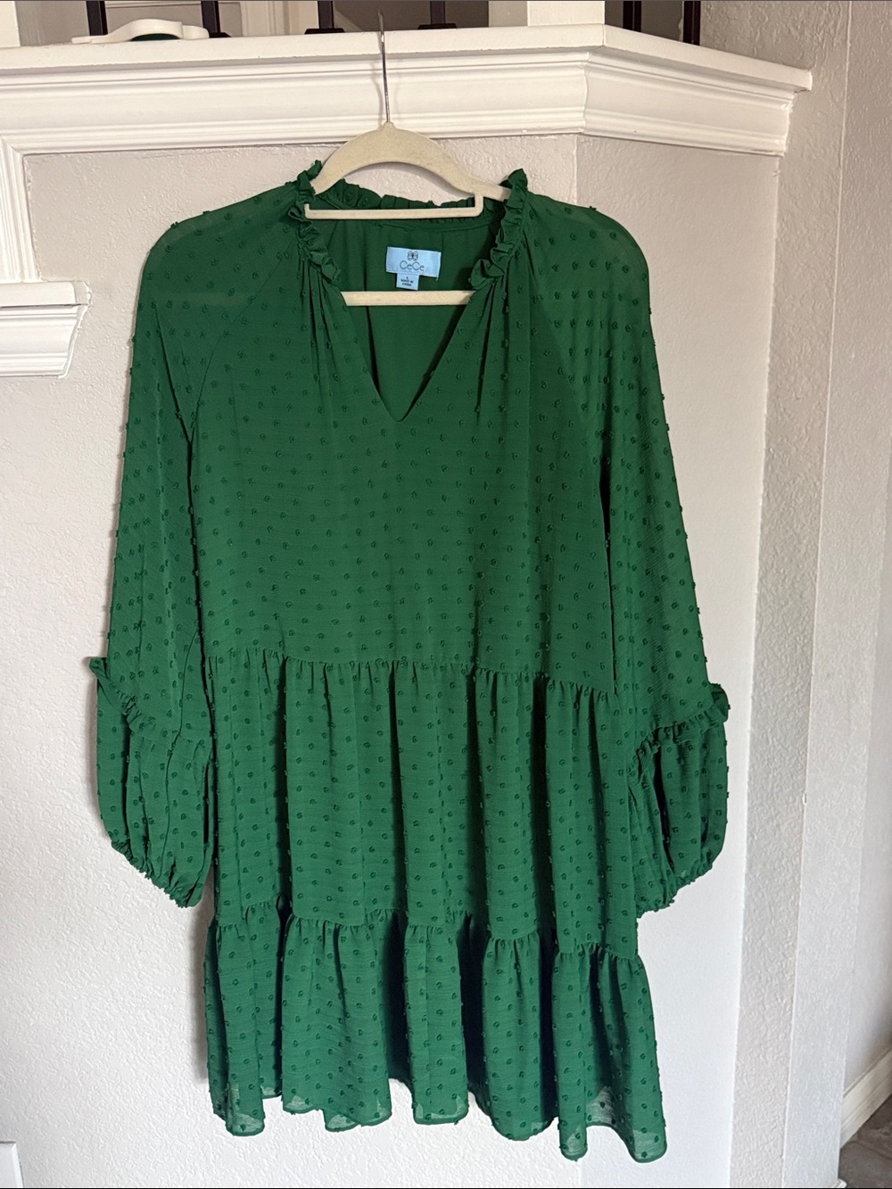CeCe Forest Green Swiss Dot Tiered Mini Dress